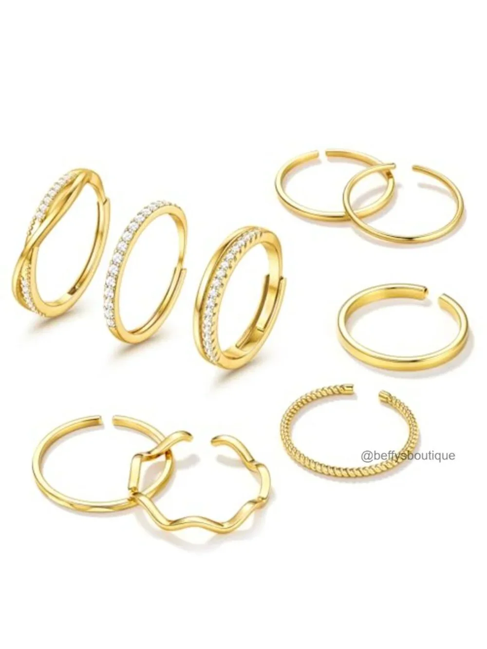 9 Piece Stacking Rings Set for Women 14K Gold Plated Adjustable Waterproof